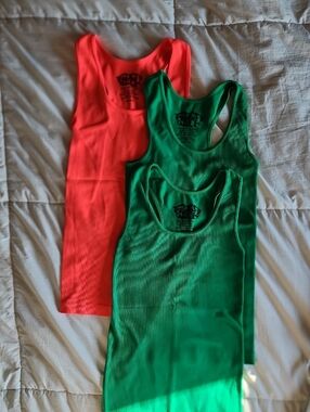 3-Pack Ribbed Tank Tops in Bright Coral and Green
